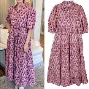 Victoria Dunn Ol Southern Cosmos Shirt Maxi Dress XS Cotton Block Print Preppy